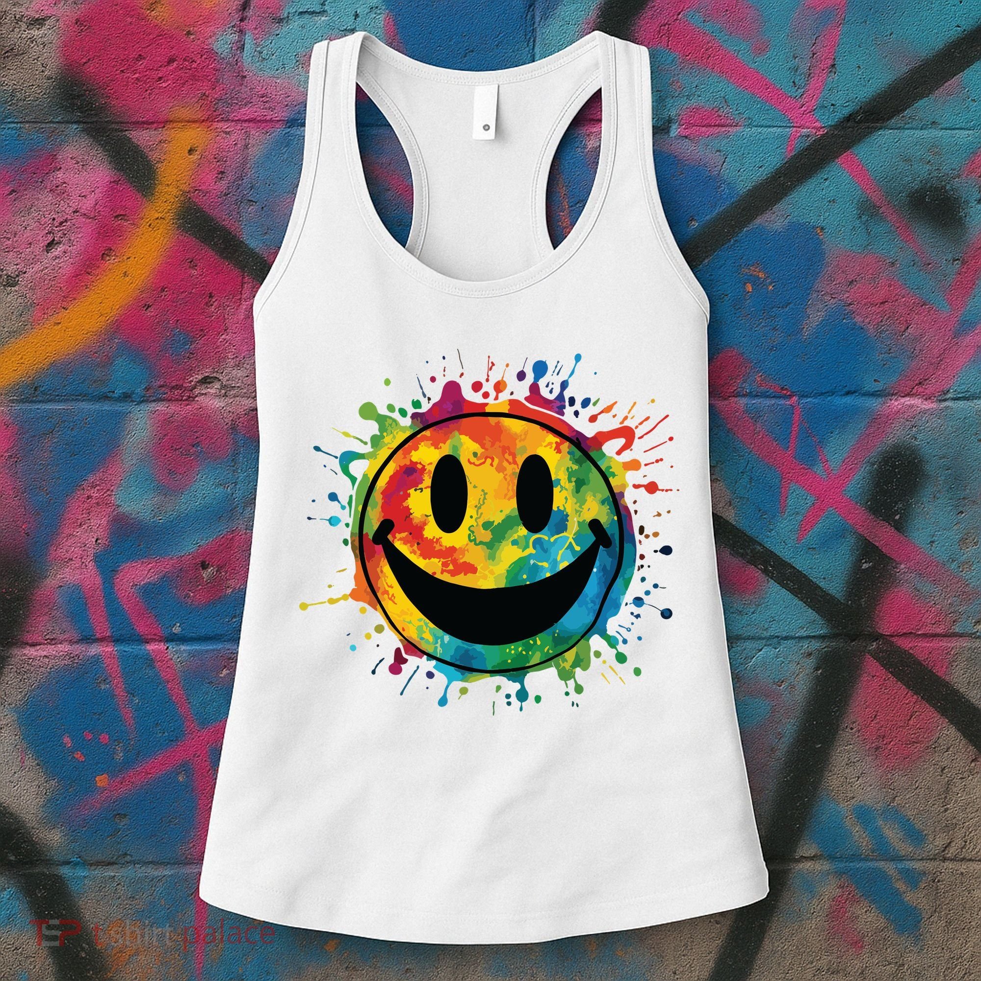 Retro Happy Face Rainbow Tiedye Splatter 70s Peace Smile Women's Tank Top