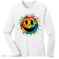 Retro Happy Face Rainbow Tiedye Splatter 70s Peace Smile Women's Long Sleeve Shirt thumb 0