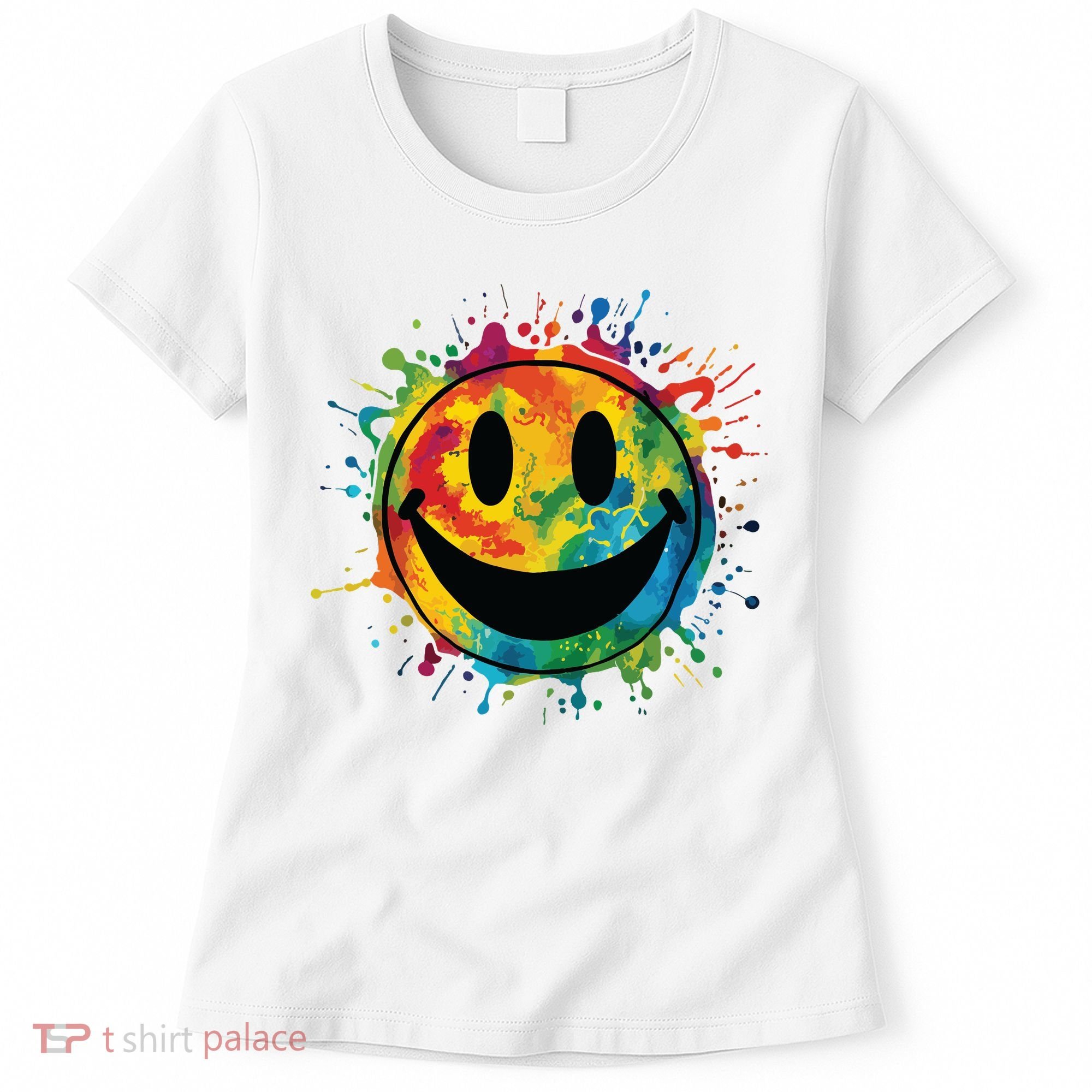 Retro Happy Face Rainbow Tiedye Splatter 70s Peace Smile Women's T-Shirt