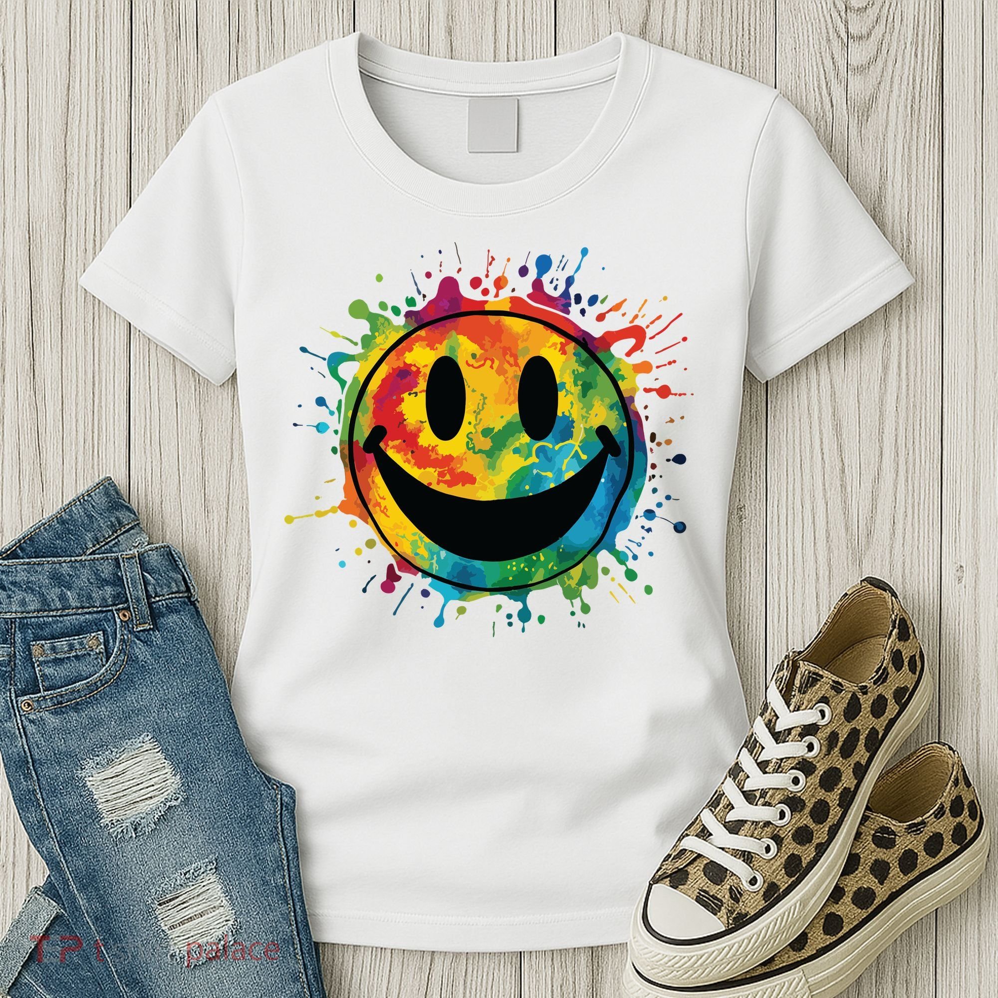 Retro Happy Face Rainbow Tiedye Splatter 70s Peace Smile Women's T-Shirt