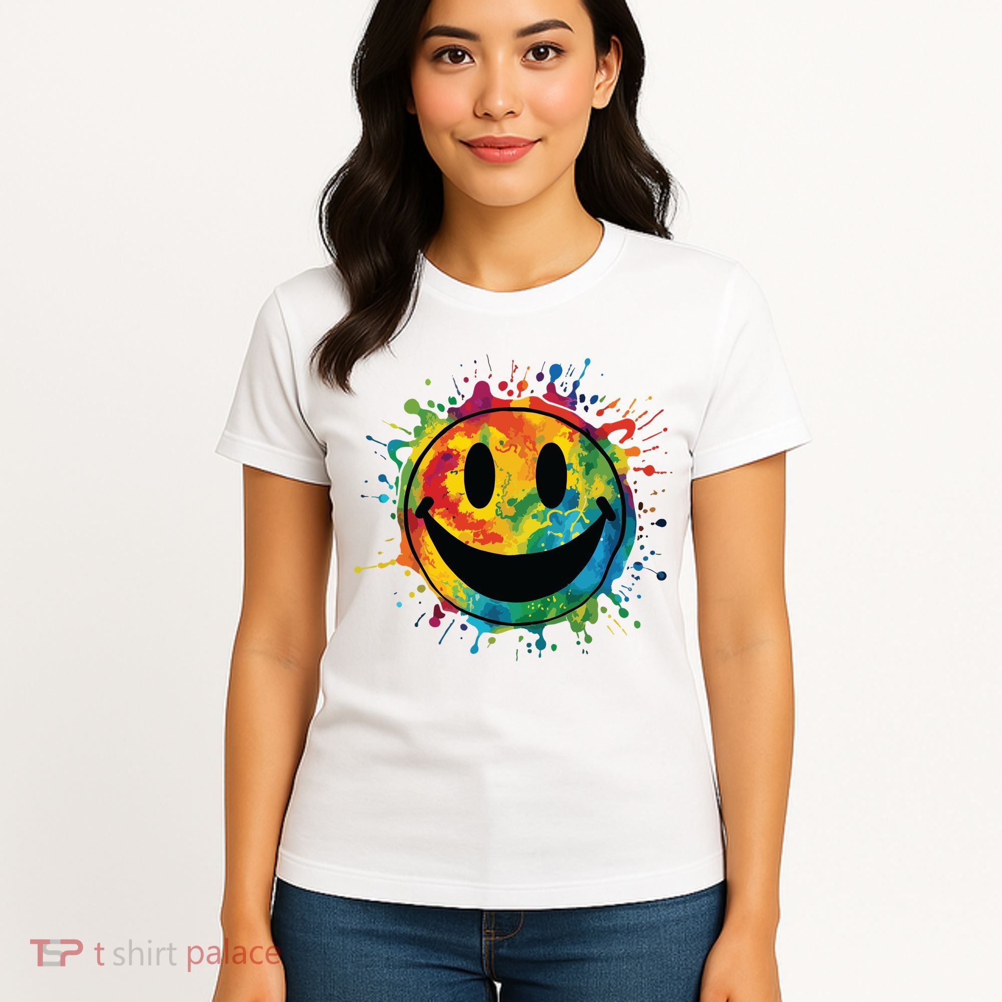 Retro Happy Face Rainbow Tiedye Splatter 70s Peace Smile Women's T-Shirt
