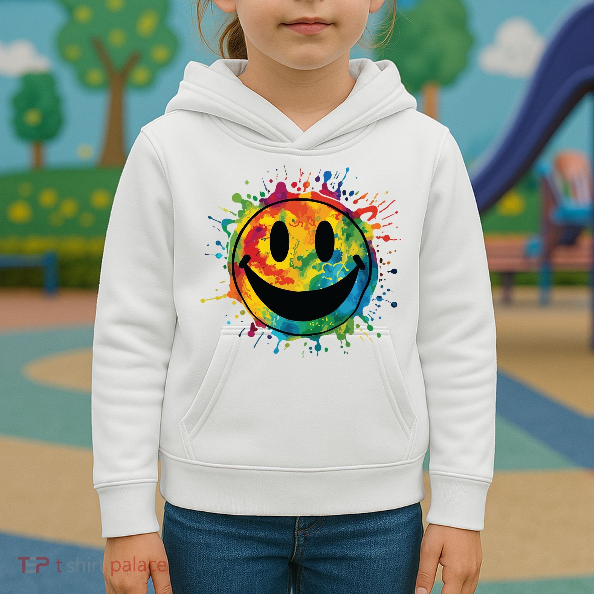 Retro Happy Face Rainbow Tiedye Splatter 70s Peace Smile Kids Hoodie