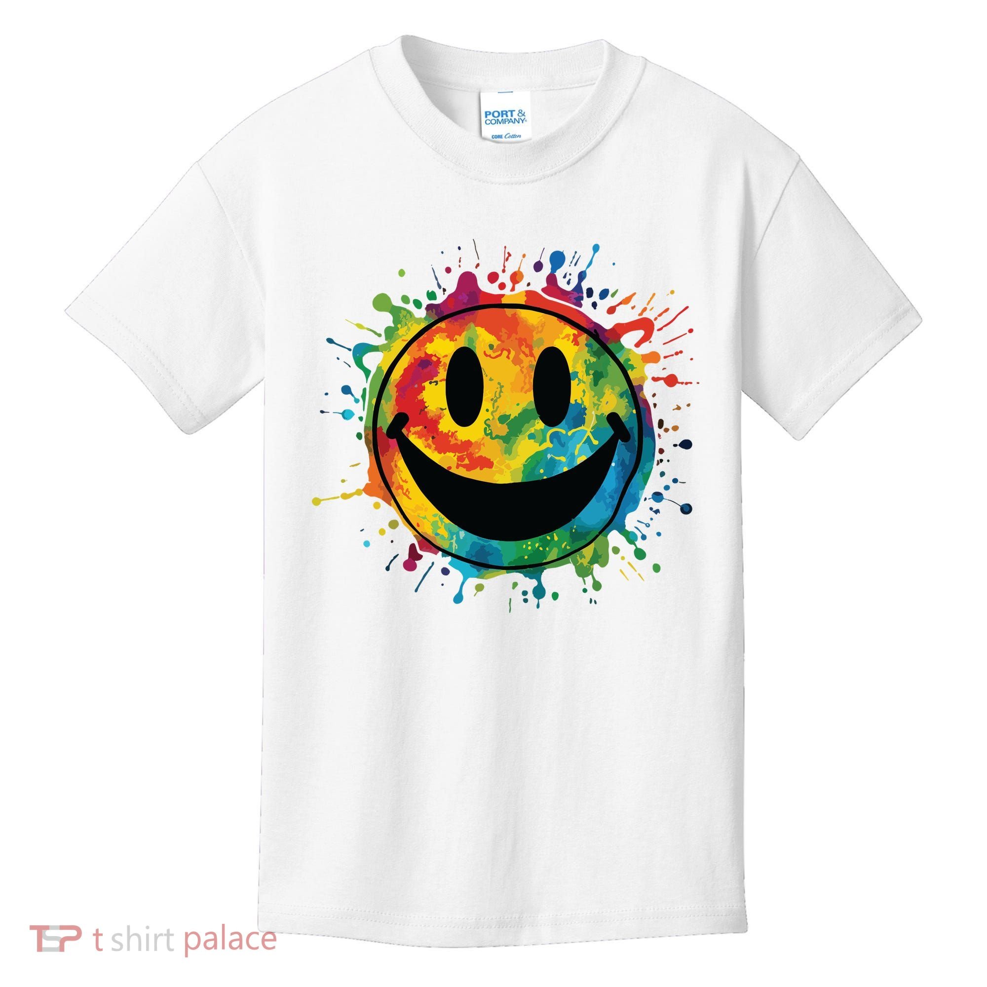 Retro Happy Face Rainbow Tiedye Splatter 70s Peace Smile Kids T-Shirt