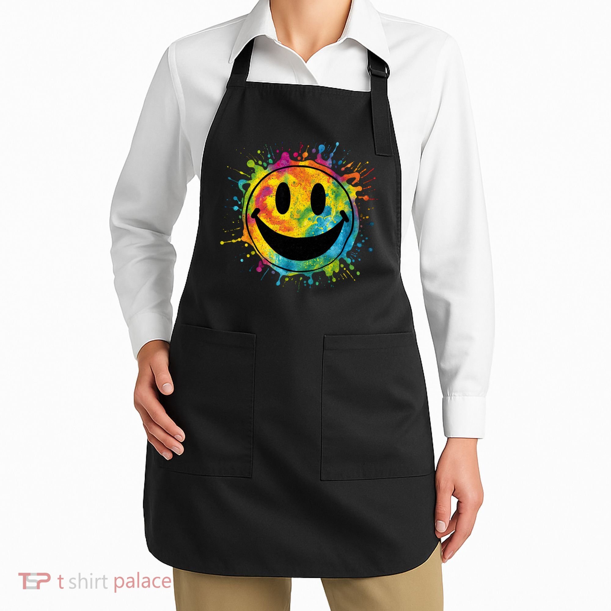 Retro Happy Face Rainbow Tiedye Splatter – 70s Peace Smile Apron