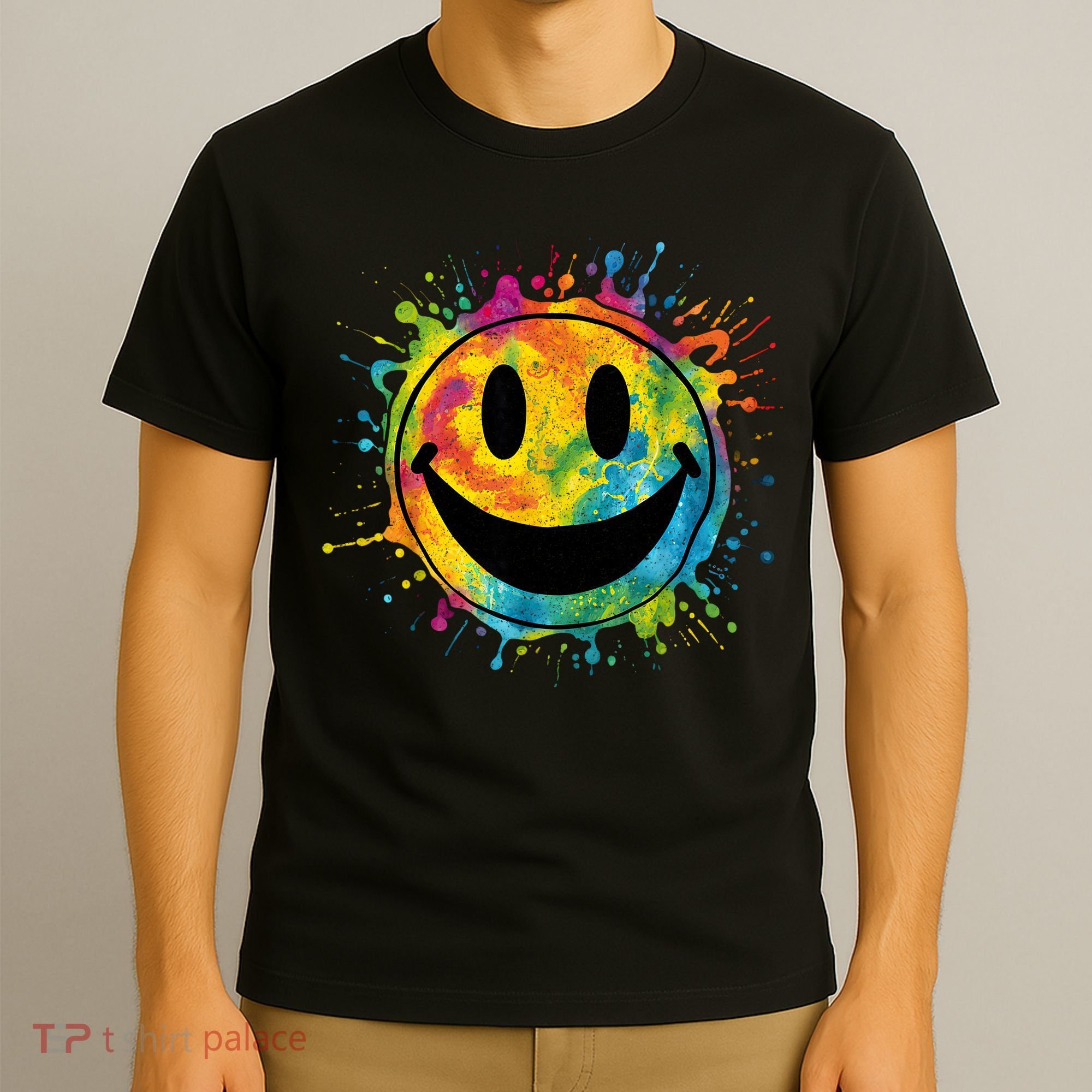 Retro Happy Face Rainbow Tiedye Splatter – 70s Peace Smile T-Shirt