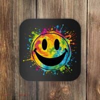 Retro Happy Face Rainbow Tiedye Splatter – 70s Peace Smile Coaster thumb 0