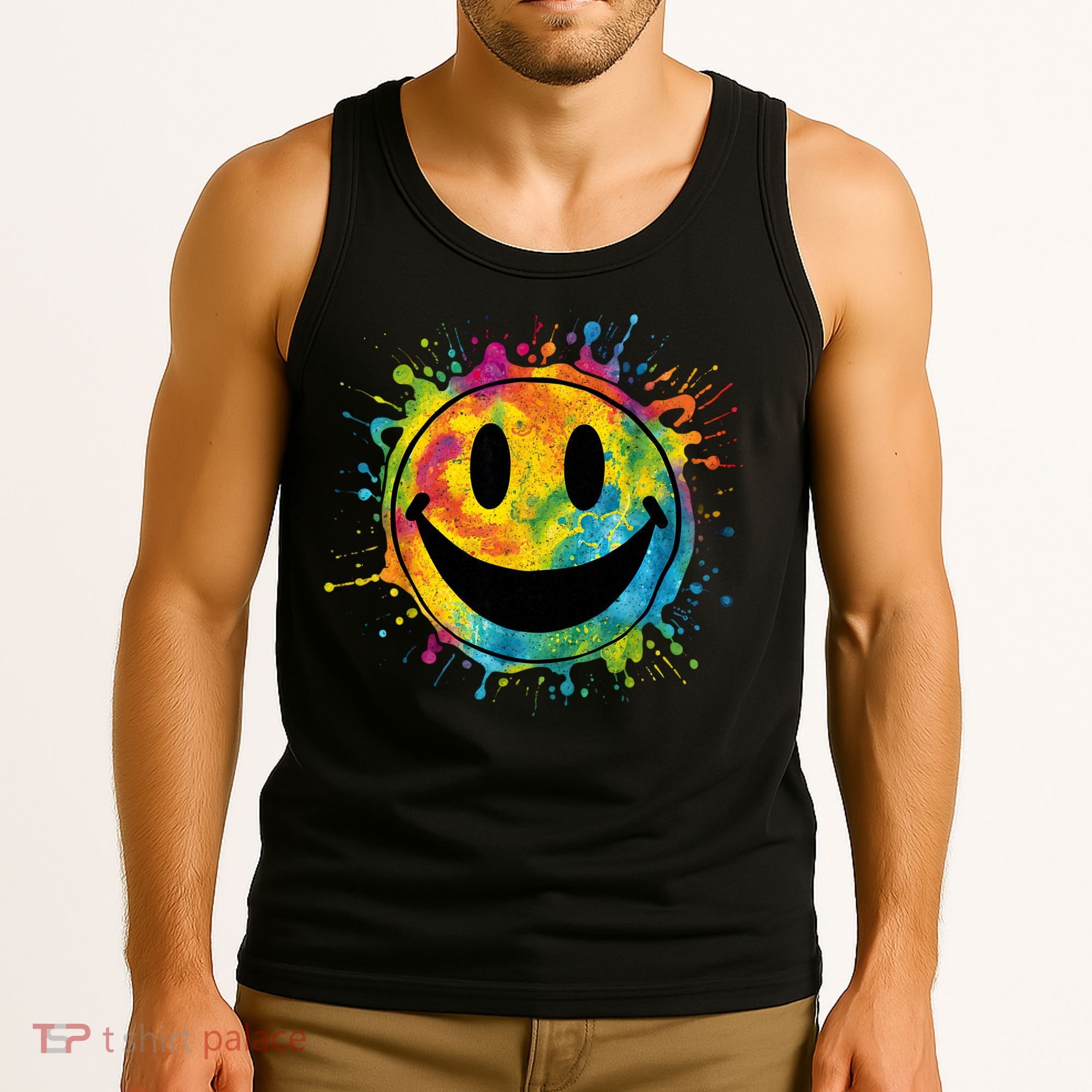 Retro Happy Face Rainbow Tiedye Splatter – 70s Peace Smile Tank Top