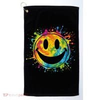 Retro Happy Face Rainbow Tiedye Splatter – 70s Peace Smile Golf Towel thumb 0