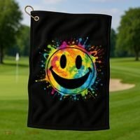 Retro Happy Face Rainbow Tiedye Splatter – 70s Peace Smile Golf Towel thumb 1