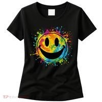 Retro Happy Face Rainbow Tiedye Splatter – 70s Peace Smile Women's T-Shirt thumb 0