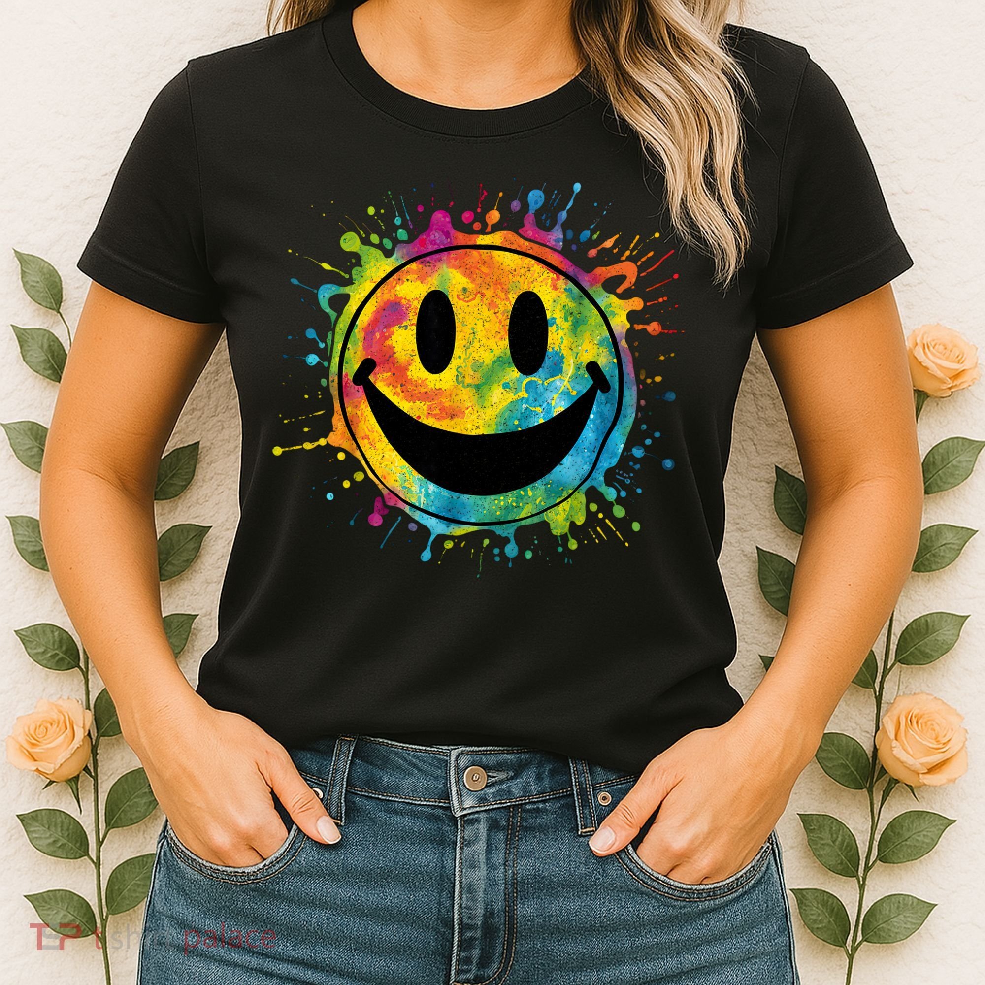 Retro Happy Face Rainbow Tiedye Splatter – 70s Peace Smile Women's T-Shirt