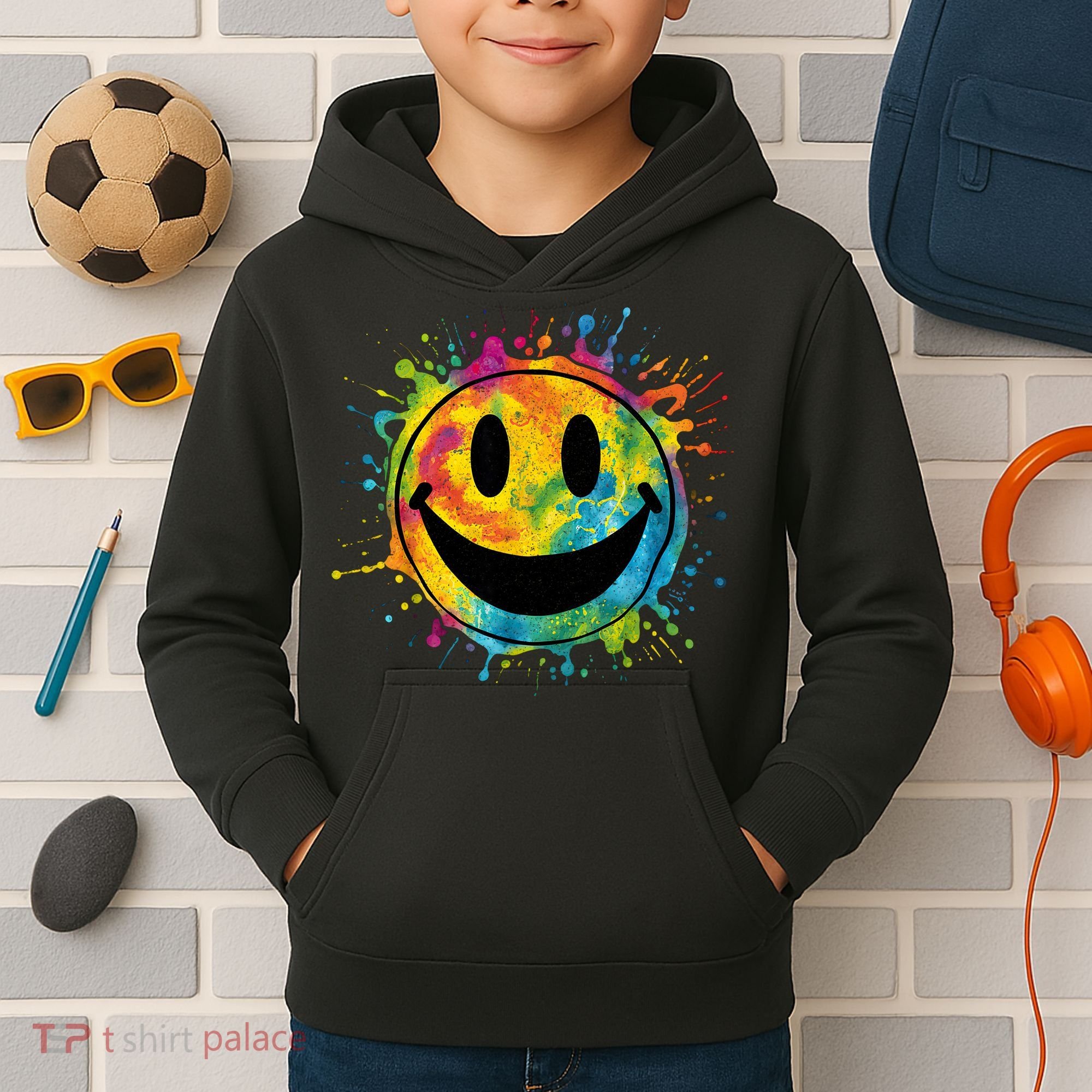 Retro Happy Face Rainbow Tiedye Splatter – 70s Peace Smile Kids Hoodie
