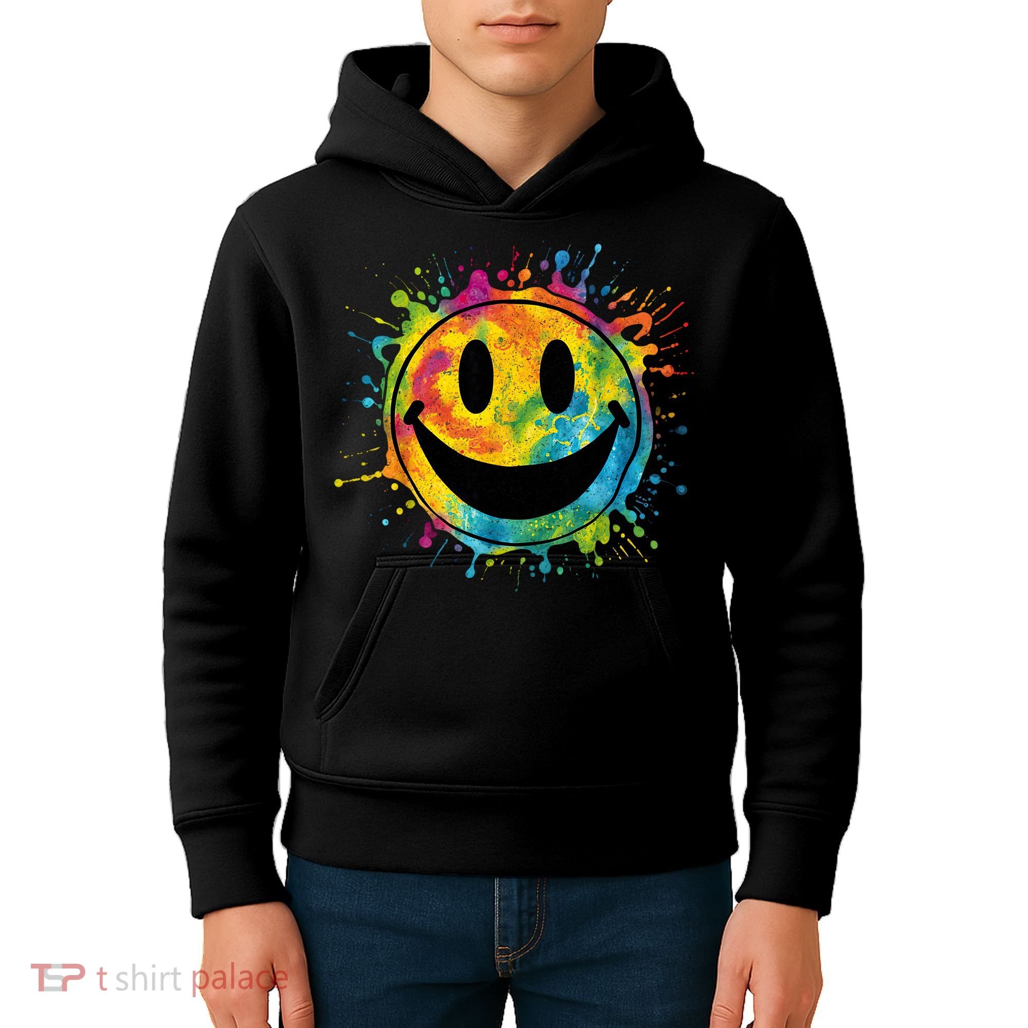 Retro Happy Face Rainbow Tiedye Splatter – 70s Peace Smile Kids Hoodie