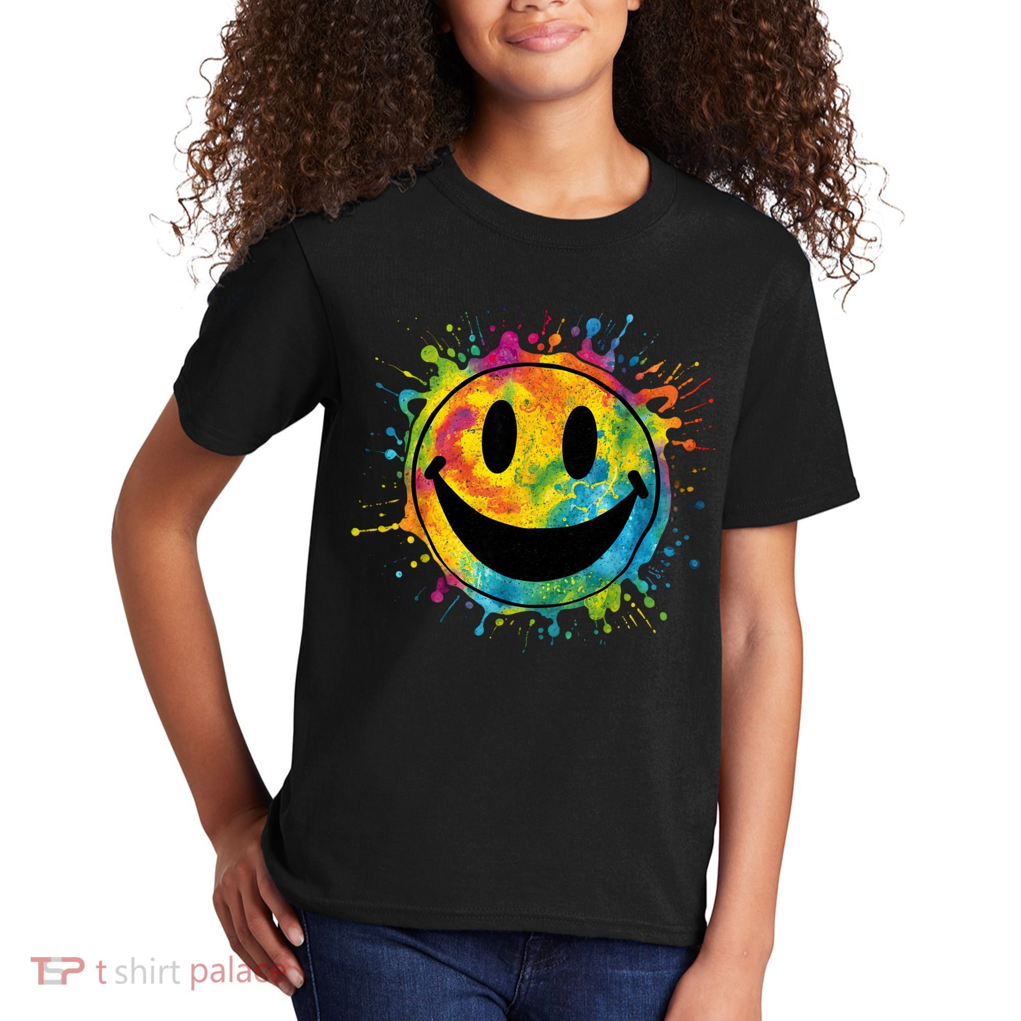 Retro Happy Face Rainbow Tiedye Splatter – 70s Peace Smile Kids T-Shirt
