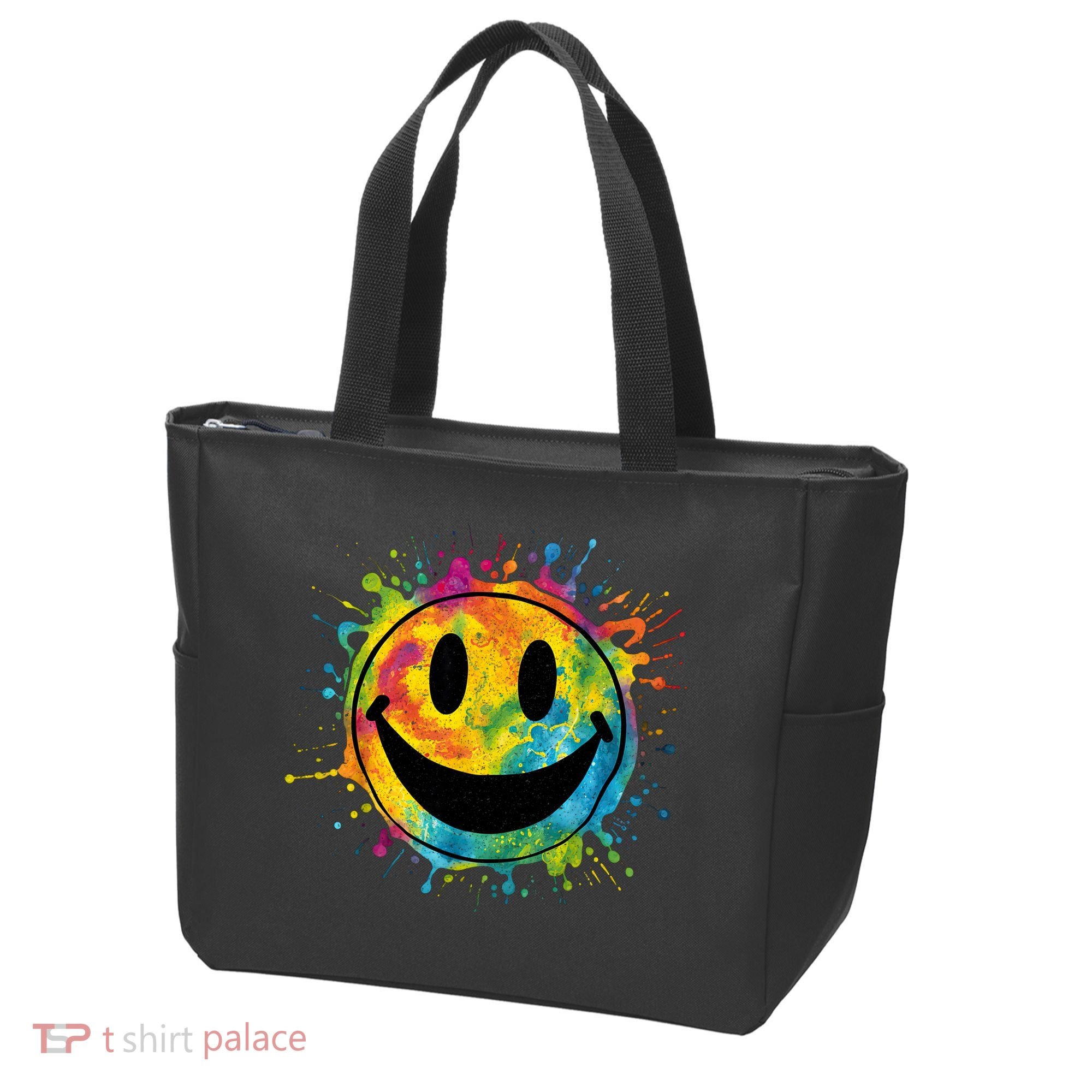 Retro Happy Face Rainbow Tiedye Splatter – 70s Peace Smile Tote Bag