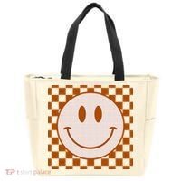 Retro Happy Face Checkered Pattern Smile Face Trendy Tote Bag thumb 0