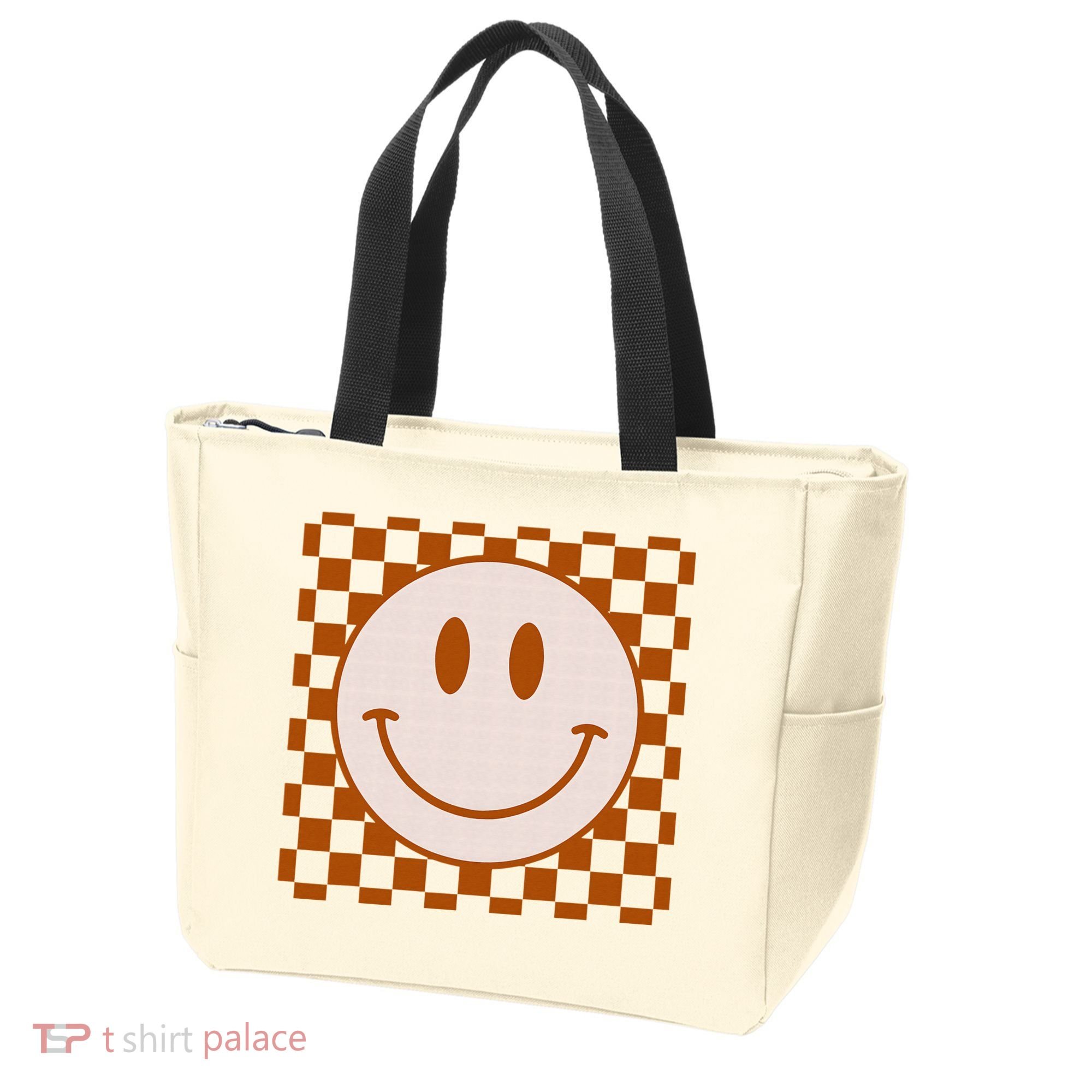 Retro Happy Face Checkered Pattern Smile Face Trendy Tote Bag