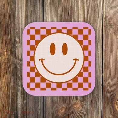 Retro Happy Face Checkered Pattern Smile Face Trendy Coaster