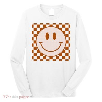 Retro Happy Face Checkered Pattern Smile Face Trendy Long Sleeve Shirt