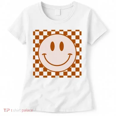 Retro Happy Face Checkered Pattern Smile Face Trendy Women's T-Shirt