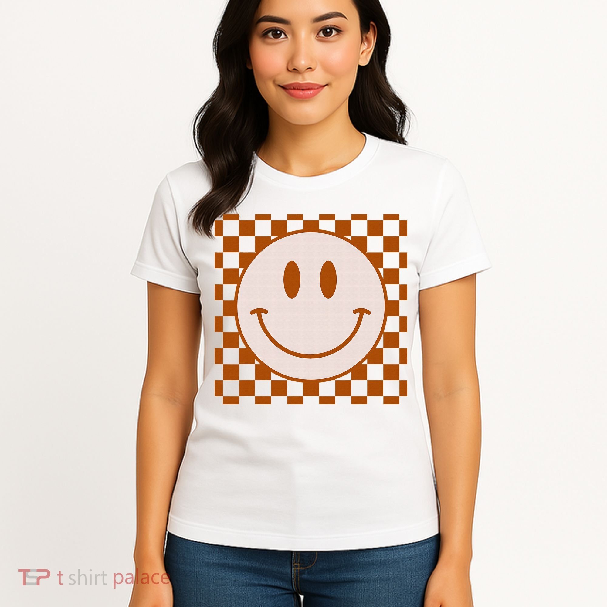 Retro Happy Face Checkered Pattern Smile Face Trendy Women's T-Shirt