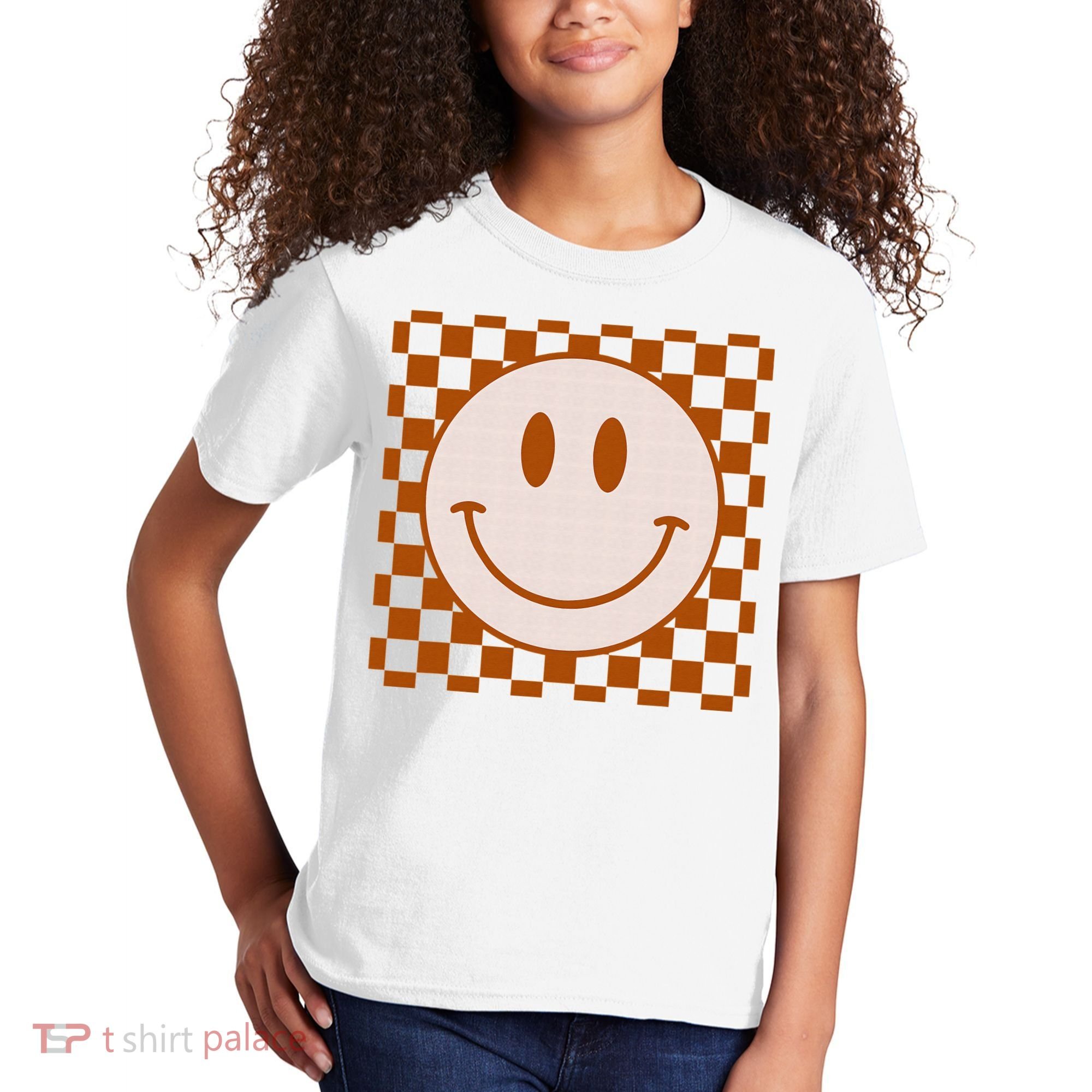 Retro Happy Face Checkered Pattern Smile Face Trendy Kids T-Shirt