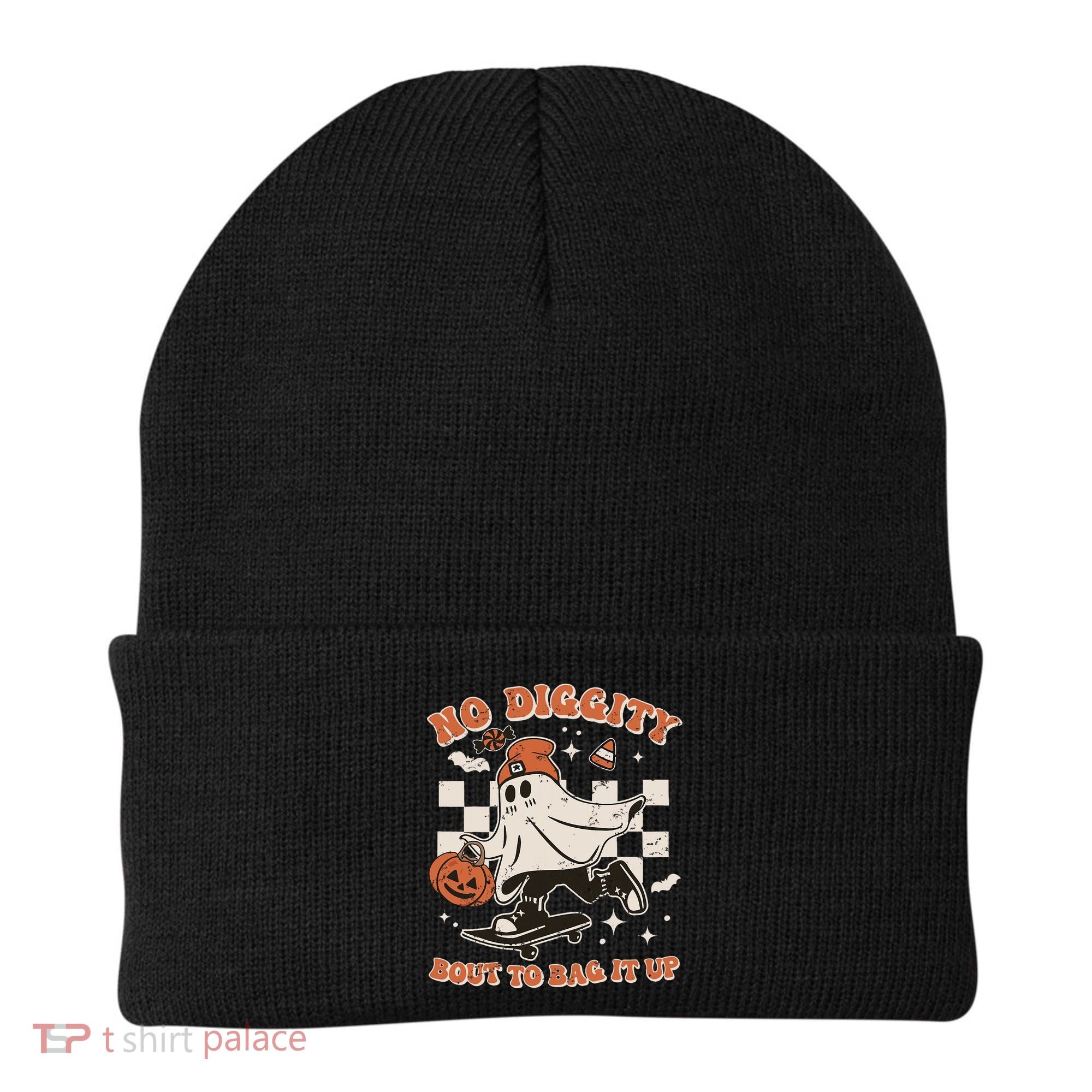 Retro Halloween Ghost No Diggity Bout To Bag It Up Beanie