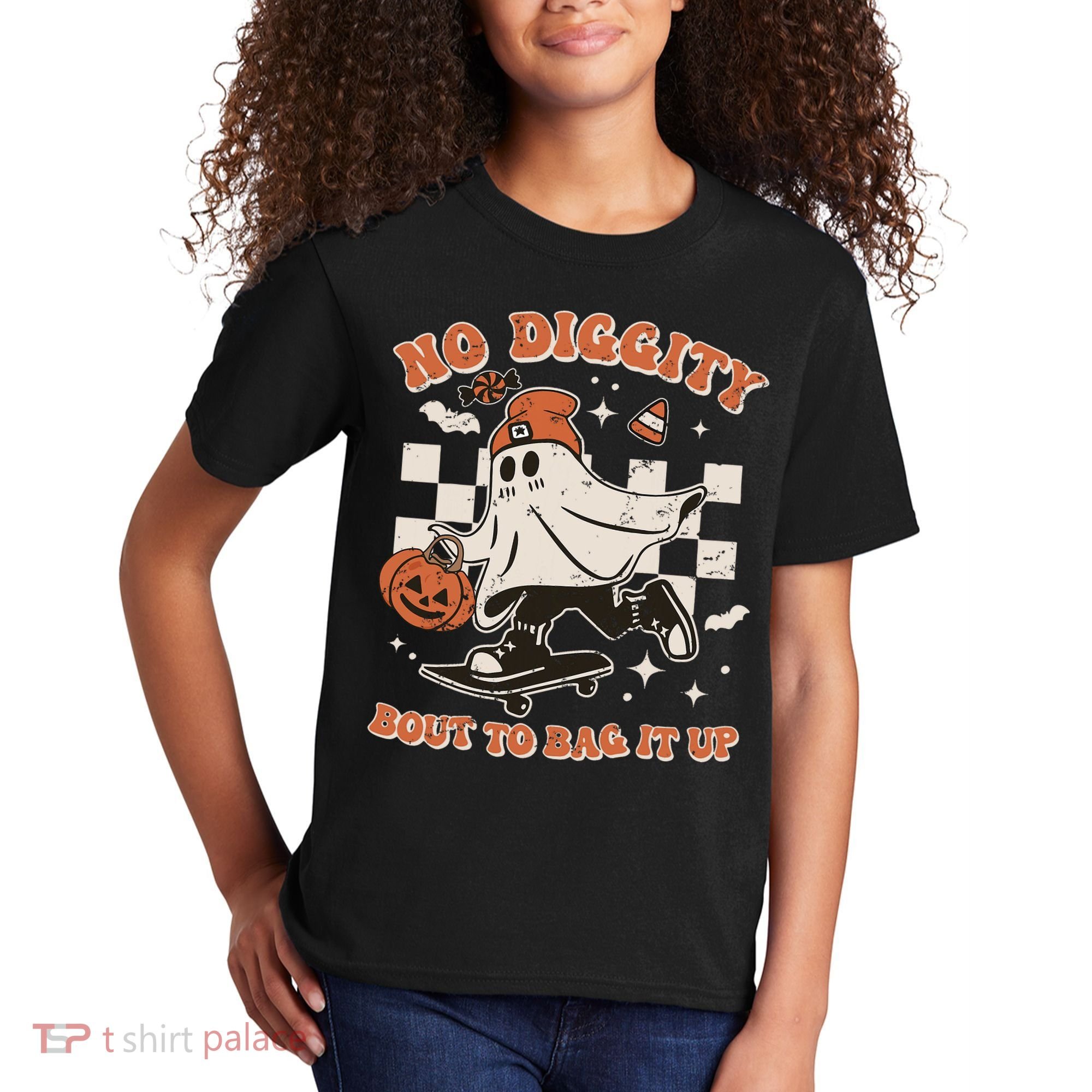 Retro Halloween Ghost No Diggity Bout To Bag It Up Kids T-Shirt