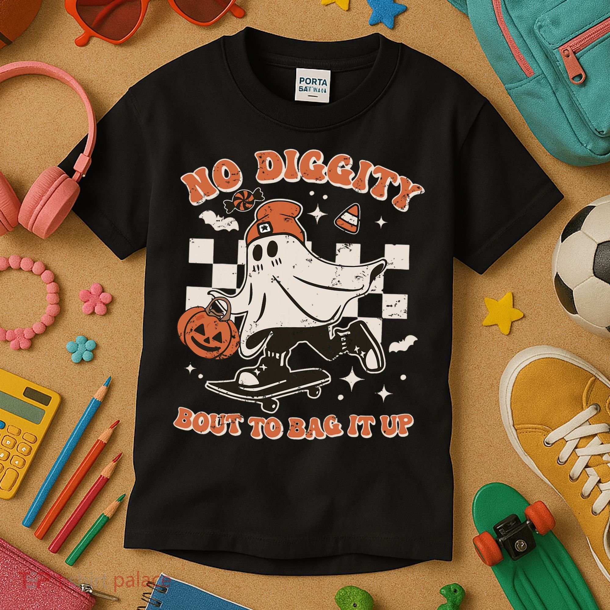 Retro Halloween Ghost No Diggity Bout To Bag It Up Kids T-Shirt