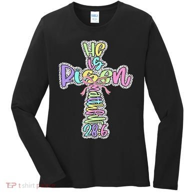 Retro He Is Risen Cross Easter Resurrection Jesus Christian Women's Long Sleeve Shirt