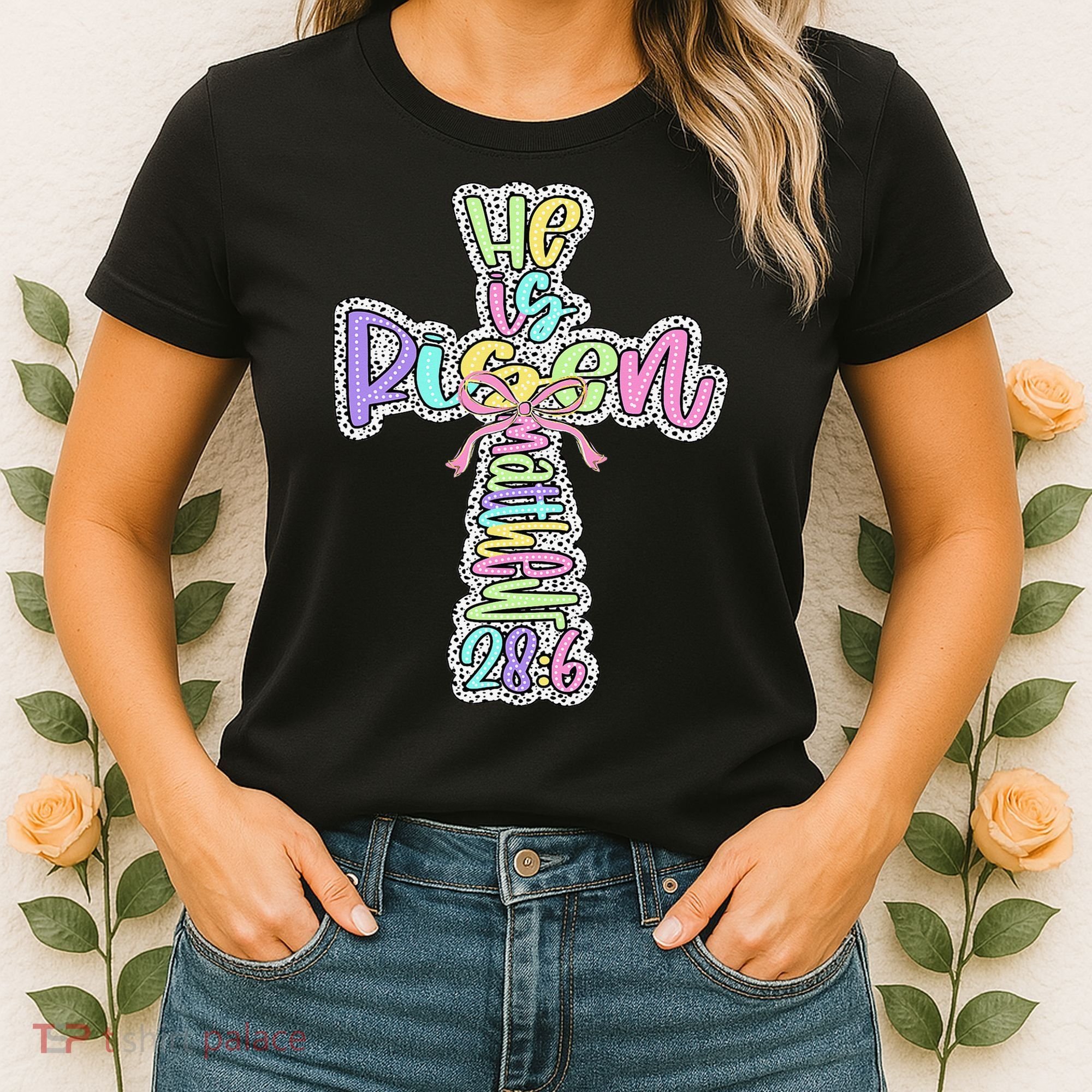 Retro He Is Risen Cross Easter Resurrection Jesus Christian Women's T-Shirt