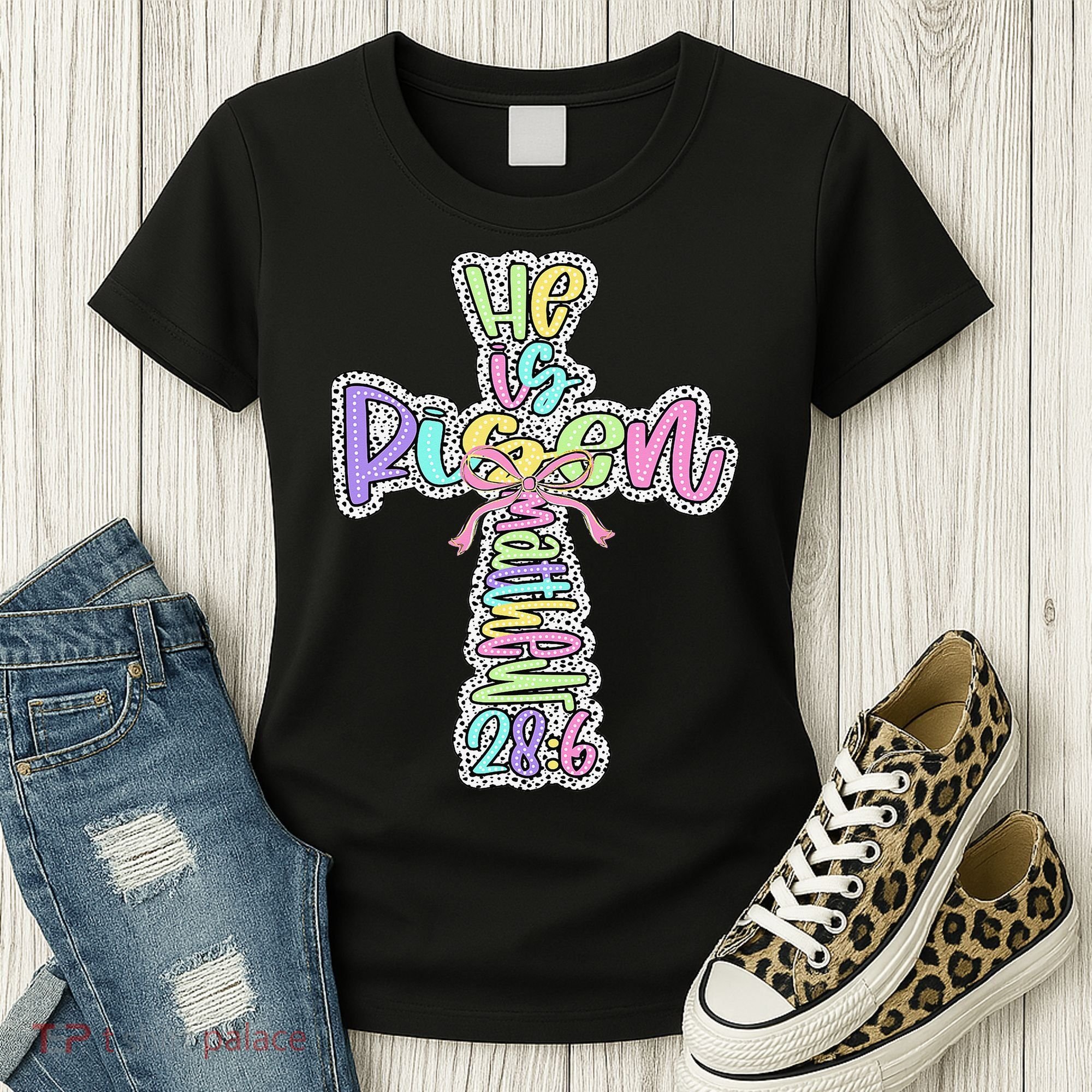 Retro He Is Risen Cross Easter Resurrection Jesus Christian Women's T-Shirt