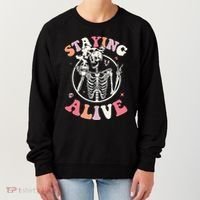 Retro Halloween Skeleton Coffee Mug Groovy Staying Alive Hippie Women's Sweatshirt thumb 0