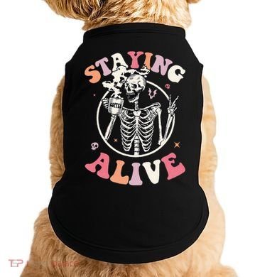 Retro Halloween Skeleton Coffee Mug Groovy Staying Alive Hippie Doggie Tank