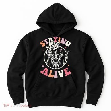 Retro Halloween Skeleton Coffee Mug Groovy Staying Alive Hippie Hoodie