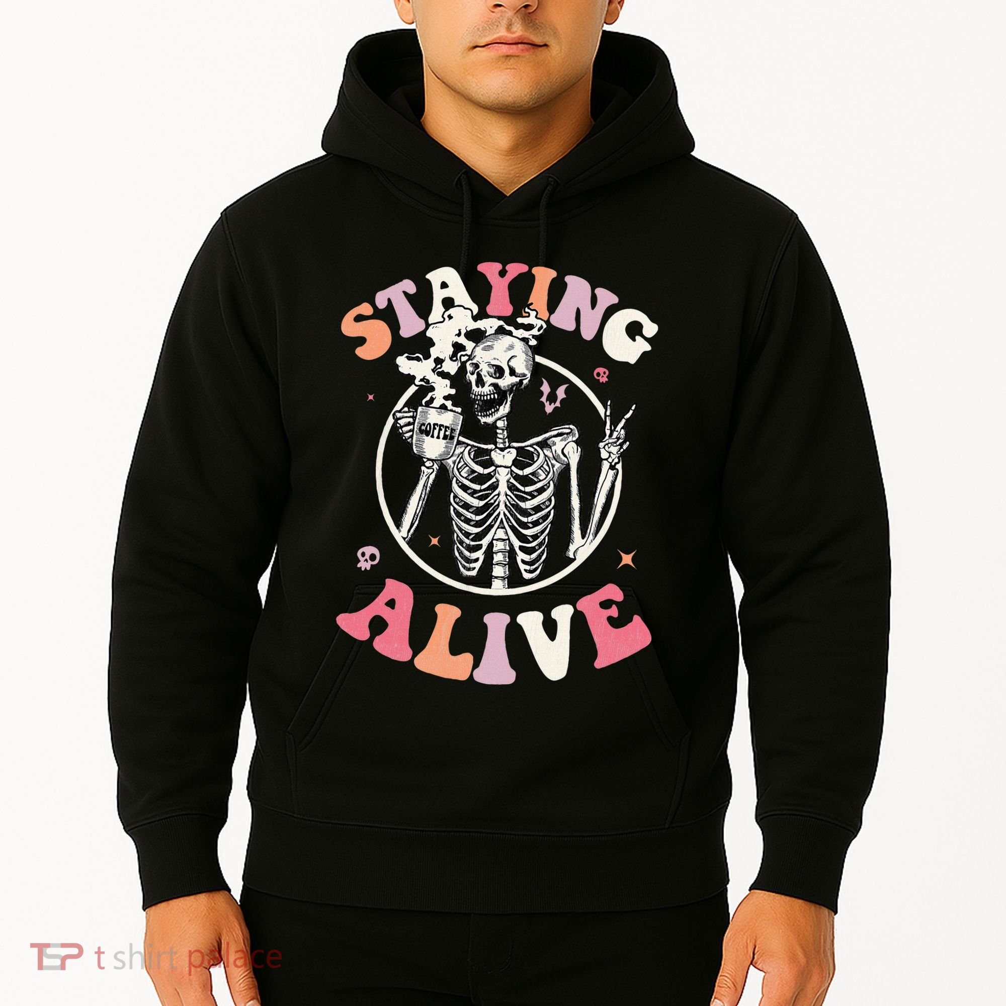 Retro Halloween Skeleton Coffee Mug Groovy Staying Alive Hippie Hoodie