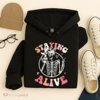 Retro Halloween Skeleton Coffee Mug Groovy Staying Alive Hippie Hoodie thumb 4
