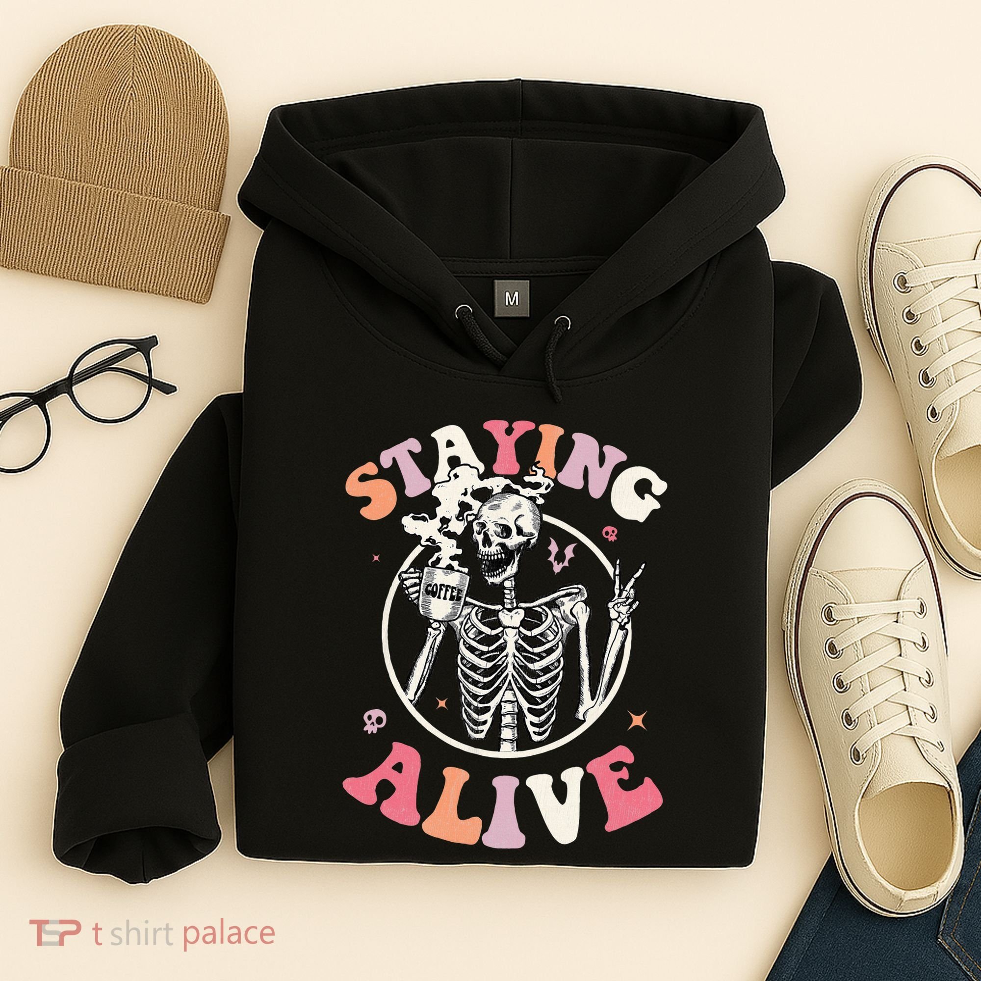 Retro Halloween Skeleton Coffee Mug Groovy Staying Alive Hippie Hoodie