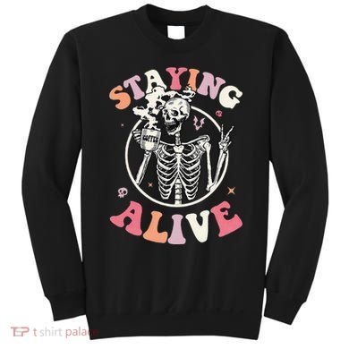Retro Halloween Skeleton Coffee Mug Groovy Staying Alive Hippie Sweatshirt