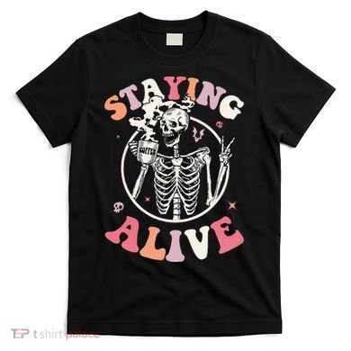 Retro Halloween Skeleton Coffee Mug Groovy Staying Alive Hippie T-Shirt