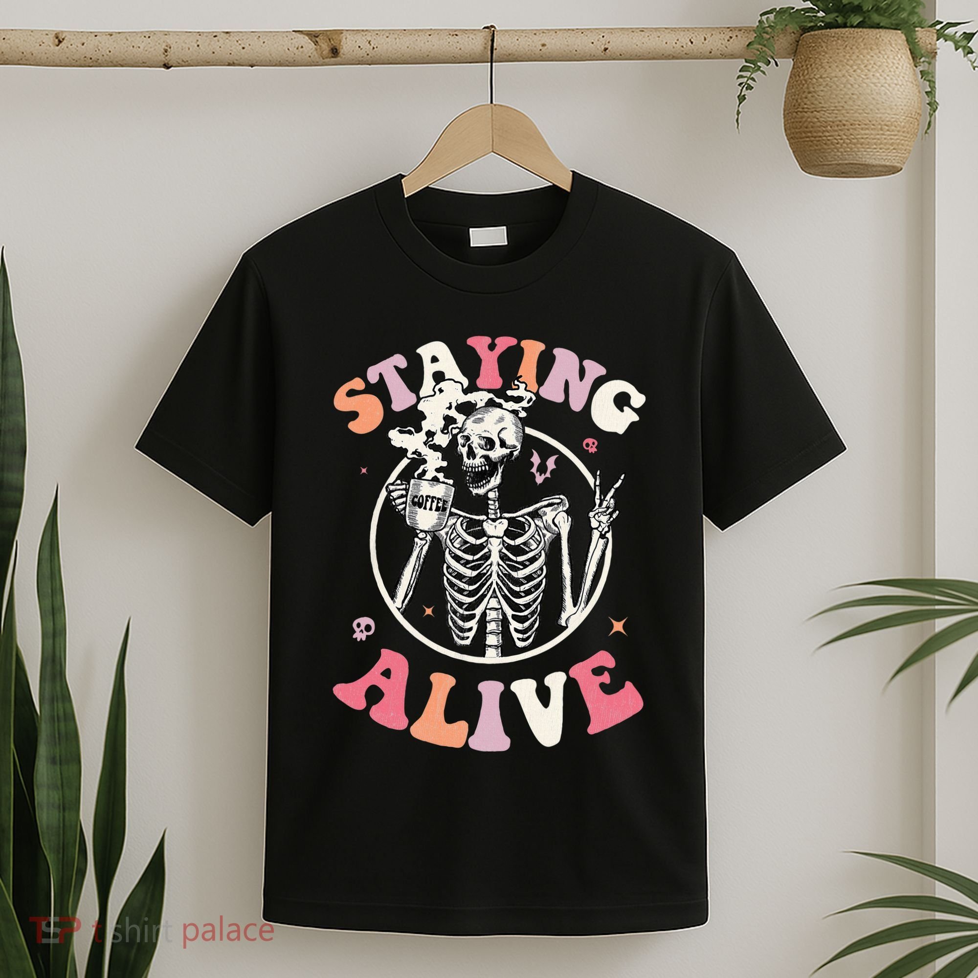 Retro Halloween Skeleton Coffee Mug Groovy Staying Alive Hippie T-Shirt