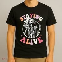 Retro Halloween Skeleton Coffee Mug Groovy Staying Alive Hippie T-Shirt thumb 3