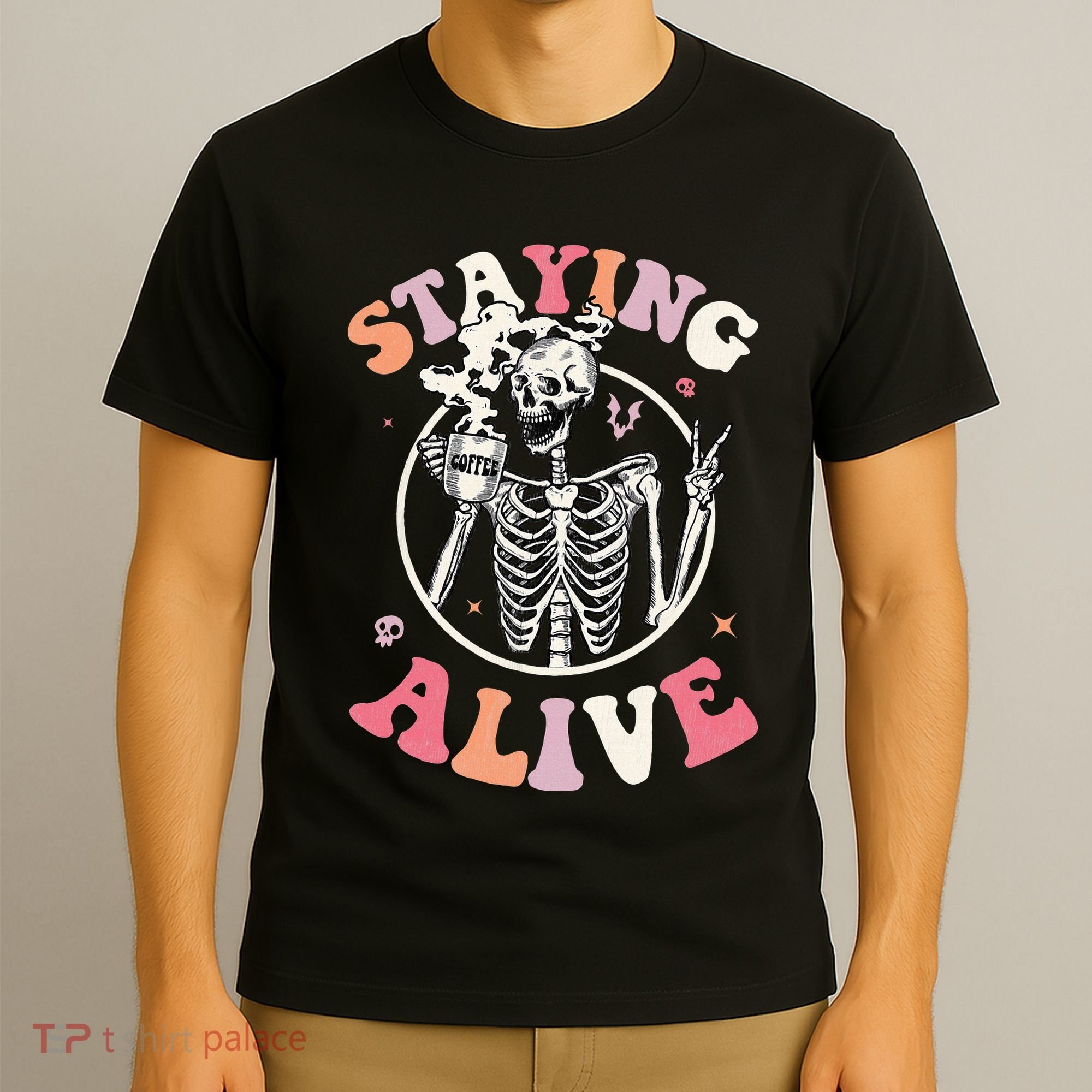 Retro Halloween Skeleton Coffee Mug Groovy Staying Alive Hippie T-Shirt
