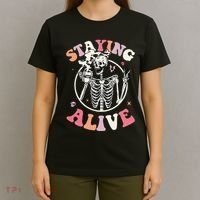 Retro Halloween Skeleton Coffee Mug Groovy Staying Alive Hippie T-Shirt thumb 4