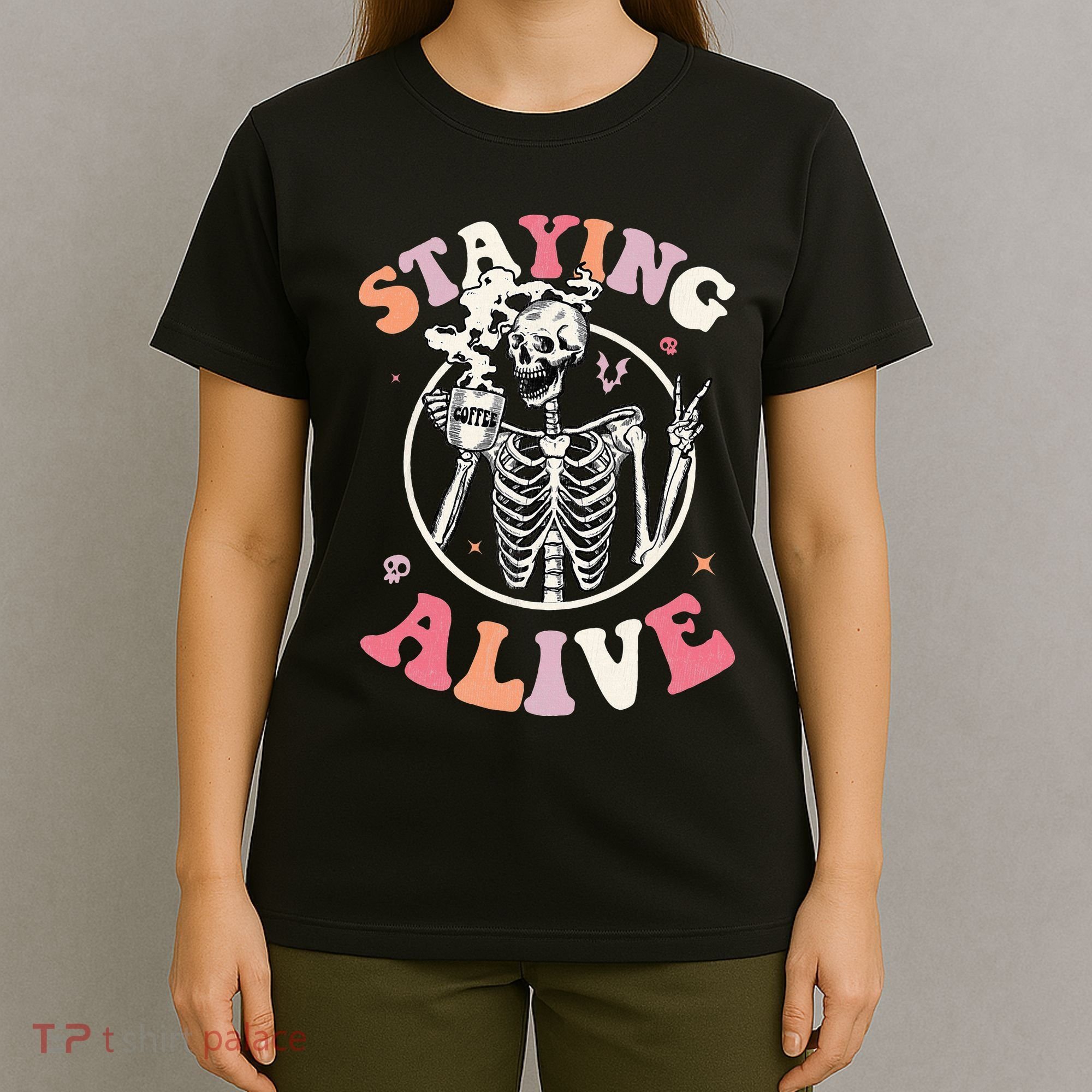 Retro Halloween Skeleton Coffee Mug Groovy Staying Alive Hippie T-Shirt