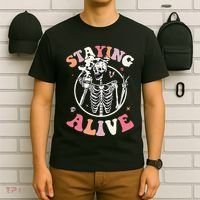 Retro Halloween Skeleton Coffee Mug Groovy Staying Alive Hippie T-Shirt thumb 6