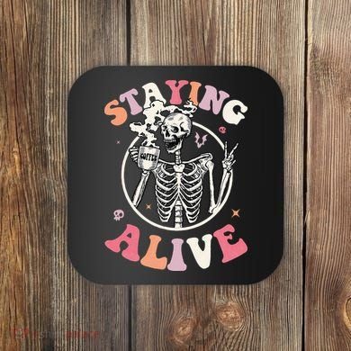 Retro Halloween Skeleton Coffee Mug Groovy Staying Alive Hippie Coaster