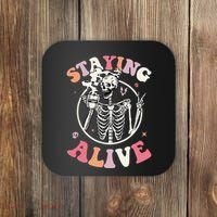 Retro Halloween Skeleton Coffee Mug Groovy Staying Alive Hippie Coaster thumb 0