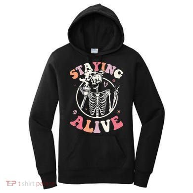 Retro Halloween Skeleton Coffee Mug Groovy Staying Alive Hippie Women's Hoodie
