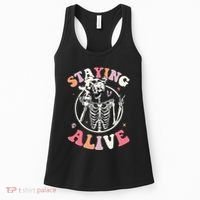 Retro Halloween Skeleton Coffee Mug Groovy Staying Alive Hippie Women's Tank Top thumb 0